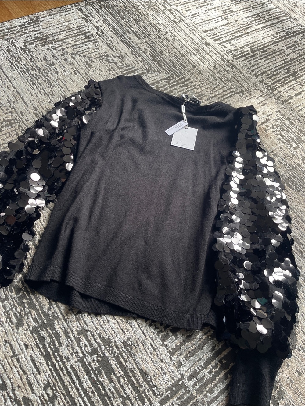 Sioni Black Knit Top with Sequin Balloon Sleeves